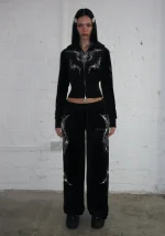 Curse Rhinestone Velour ZIP Hoodie Black-3