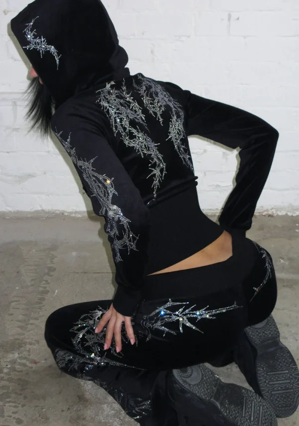 Curse Rhinestone Velour ZIP Hoodie Black-4