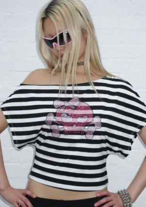 Dilemma Rhinestone Off The Shoulder Top Black Stripe-1