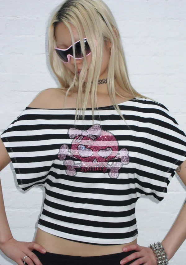 Dilemma Rhinestone Off The Shoulder Top Black Stripe-1