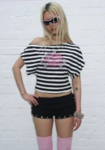 Dilemma Rhinestone Off The Shoulder Top Black Stripe-5