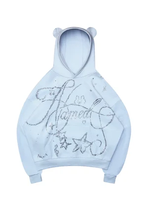 Dreamer Rhinestone Teddy Pullover Hoodie Baby Blue
