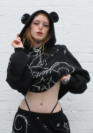 Dreamer Rhinestone Teddy Pullover Hoodie Black-1