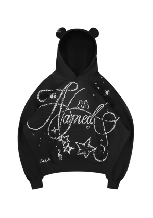 Dreamer Rhinestone Teddy Pullover Hoodie Black