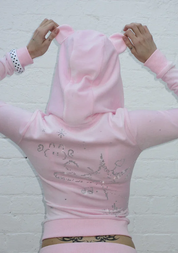 Dreamer Rhinestone Velour Teddy ZIP Hoodie Baby Pink-3