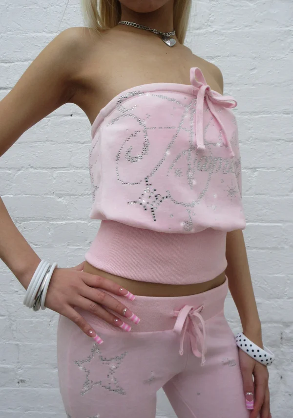 Dreamer Rhinestone Velour Tube Top Baby Pink-4
