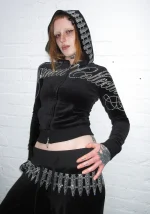 Enemy Rhinestone Velour ZIP Hoodie Black-1