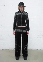 Enemy Rhinestone Velour ZIP Hoodie Black-2