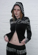 Enemy Rhinestone Velour ZIP Hoodie Black-6