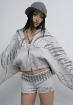 Enemy Studded Crop ZIP Hoodie Grey Marl-1