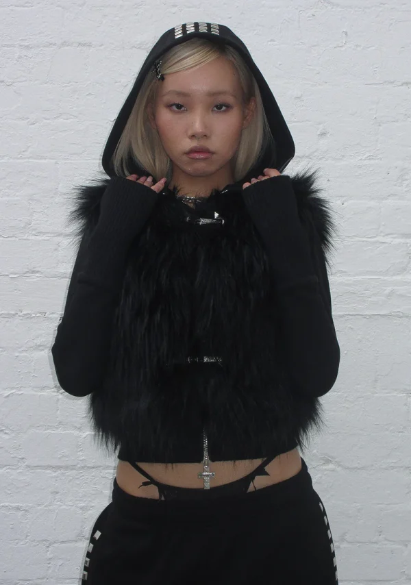 Faithful Faux Fur Vest And Fitted ZIP Hoodie Two Piece Set Black-2