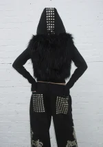 Faithful Faux Fur Vest And Fitted ZIP Hoodie Two Piece Set Black-4