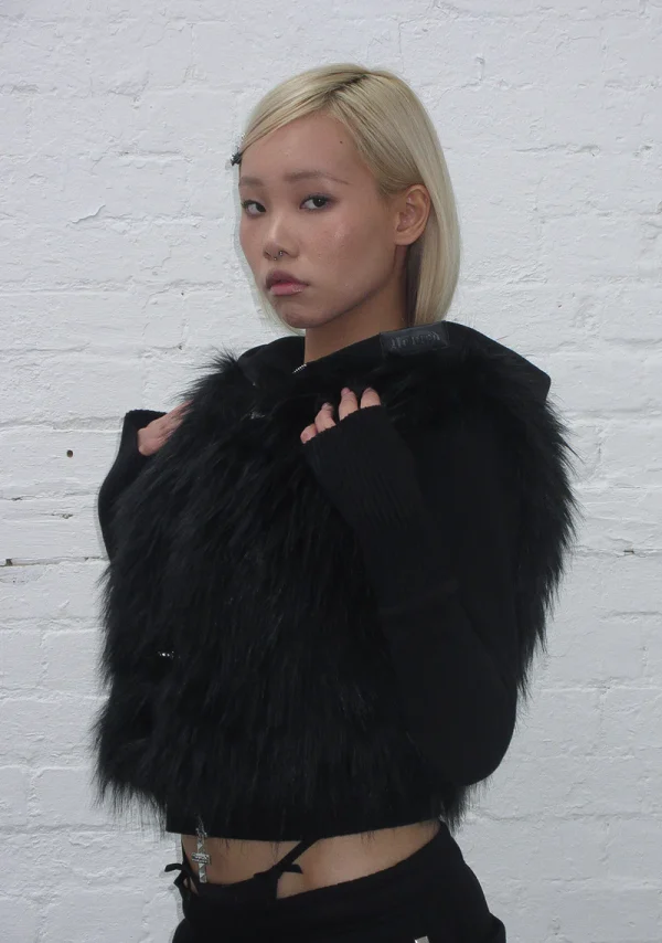 Faithful Faux Fur Vest And Fitted ZIP Hoodie Two Piece Set Black-5