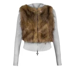 Faithful Faux Fur Vest And Fitted ZIP Hoodie Two Piece Set Grey Marl