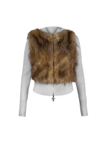 Faithful Faux Fur Vest And Fitted ZIP Hoodie Two Piece Set Grey Marl