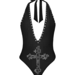 Faithful Studded Backless Halterneck Swimsuit Black