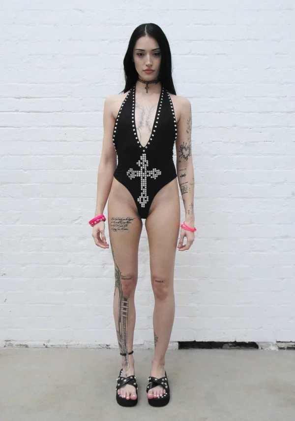Faithful Studded Backless Halterneck Swimsuit Black-2