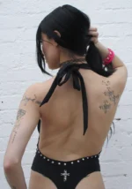 Faithful Studded Backless Halterneck Swimsuit Black-4