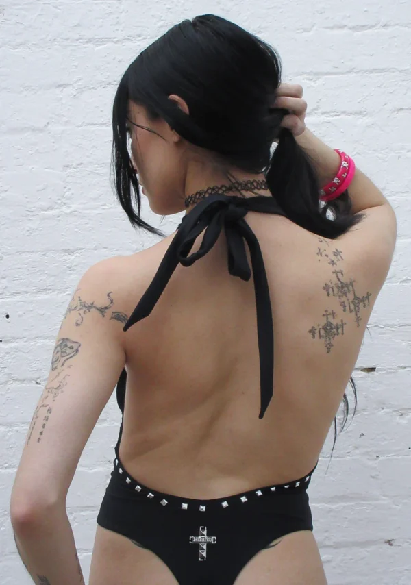 Faithful Studded Backless Halterneck Swimsuit Black-4