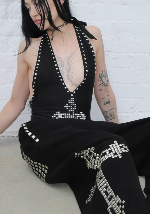 Faithful Studded Backless Halterneck Swimsuit Black-7