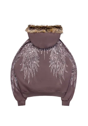 Fallen Faux Fur Rhinestone ZIP Hoodie Brown (Detachable Fur)-1