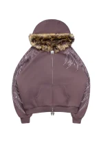 Fallen Faux Fur Rhinestone ZIP Hoodie Brown (Detachable Fur)