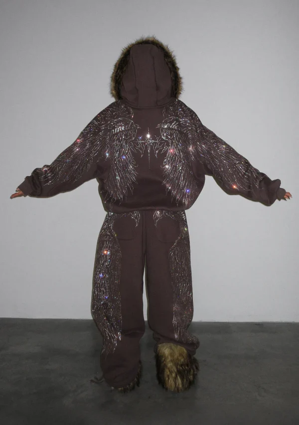 Fallen Faux Fur Rhinestone ZIP Hoodie Brown (Detachable Fur)-2