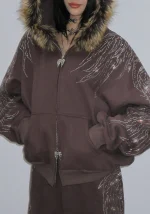 Fallen Faux Fur Rhinestone ZIP Hoodie Brown (Detachable Fur)-3