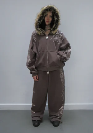 Fallen Faux Fur Rhinestone ZIP Hoodie Brown (Detachable Fur)-4
