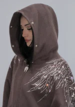 Fallen Faux Fur Rhinestone ZIP Hoodie Brown (Detachable Fur)-6