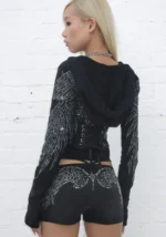 Fallen Rhinestone Micro Hotpant Shorts Washed Black-2