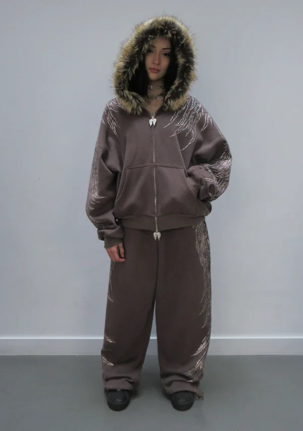 Fallen Rhinestone Oversized Sweatpants Brown-3