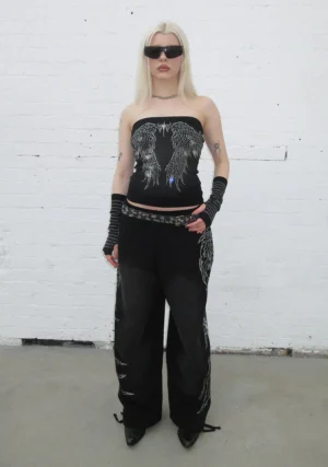 Fallen Rhinestone Oversized Sweatpants Washed Black-1