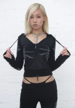 Fallen Rhinestone Sculpt Stretch Hoodie Washed Black-2