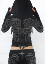 Fallen Rhinestone Sculpt Stretch Hoodie Washed Black-3