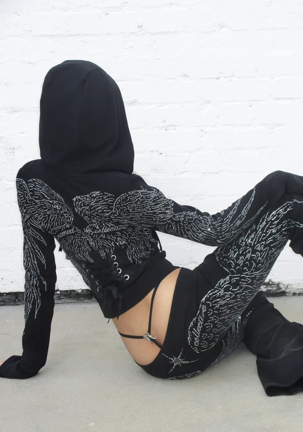 Fallen Rhinestone Sculpt Stretch Hoodie Washed Black-6