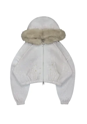 Fawn Faux Fur Crop ZIP Hoodie Off White (Detachable Fur)
