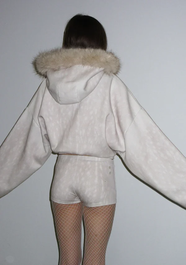 Fawn Faux Fur Crop ZIP Hoodie Off White (Detachable Fur)-4