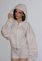 Fawn Faux Fur Crop ZIP Hoodie Off White (Detachable Fur)-6