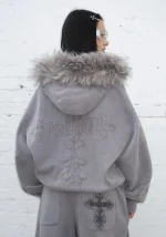 Feral Faux Fur Studded ZIP Hoodie Washed Grey (Detachable Fur)-1