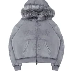 Feral Faux Fur Studded ZIP Hoodie Washed Grey (Detachable Fur)