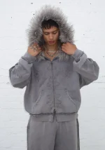 Feral Faux Fur Studded ZIP Hoodie Washed Grey (Detachable Fur)-2