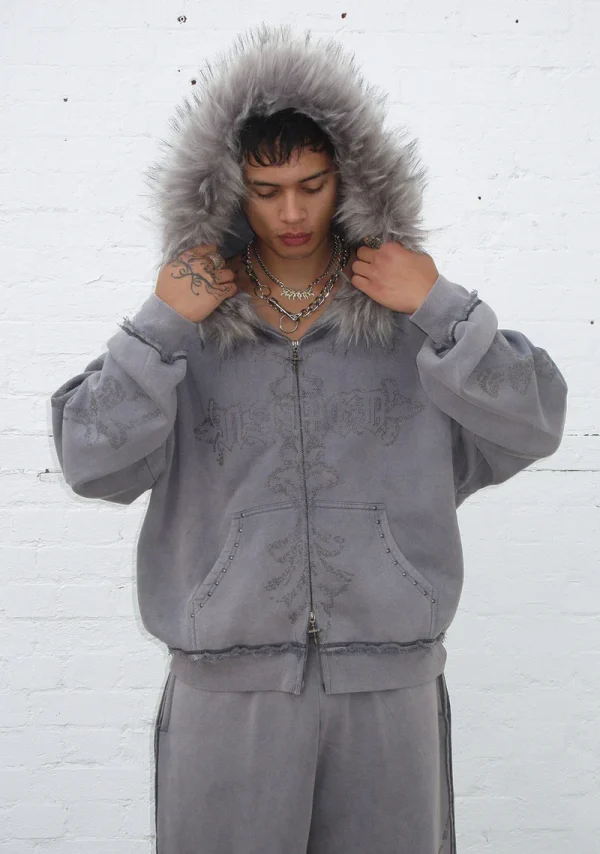 Feral Faux Fur Studded ZIP Hoodie Washed Grey (Detachable Fur)-2