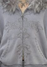 Feral Faux Fur Studded ZIP Hoodie Washed Grey (Detachable Fur)-3