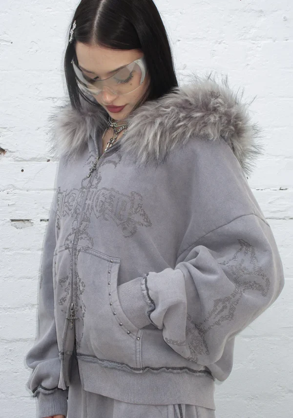 Feral Faux Fur Studded ZIP Hoodie Washed Grey (Detachable Fur)-5