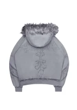 Feral Faux Fur Studded ZIP Hoodie Washed Grey (Detachable Fur)-6