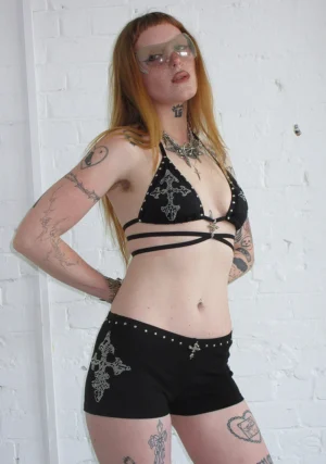 Feral Studded Micro Hotpant Shorts Black-1