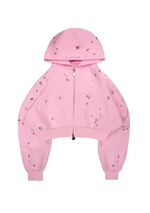 Glitch Eyelet Crop ZIP Hoodie Baby Pink