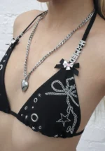 Glitch Eyelet Triangle Bikini Top Black-2