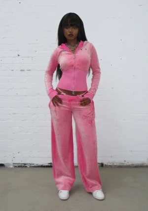 Glitch Eyelet Velour ZIP Hoodie Washed Hot Pink-1